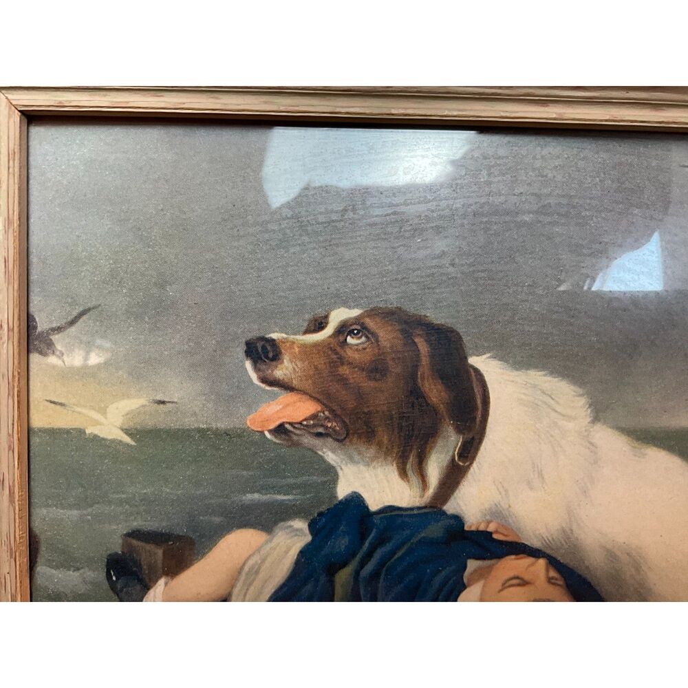Edwin Landseer vintage print "Saved" Saint Bernard rescuing child framed cottage - Picture 2 of 4